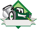 Clip Art Graphic of a Green Lawn Mower Mascot Character Facing Front of a White Banner Logo