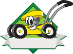 Clip Art Graphic of a Yellow Lawn Mower Mascot Character in Profile on a White Banner Logo