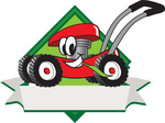 Clip Art Graphic of a Red Lawn Mower Mascot Character in Profile on a White Banner Logo