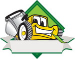 Clip Art Graphic of a Yellow Lawn Mower Mascot Character Facing Front of a White Banner Logo