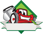 Clip Art Graphic of a Red Lawn Mower Mascot Character Facing Front of a White Banner Logo