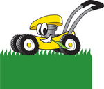 Clip Art Graphic of a Yellow Lawn Mower Mascot Character Chewing on Grass and Mowing a Lawn