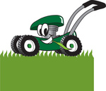 Clip Art Graphic of a Green Lawn Mower Mascot Character Chewing on Grass and Mowing a Lawn