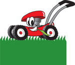 Clip Art Graphic of a Red Lawn Mower Mascot Character Chewing on Grass and Mowing a Lawn