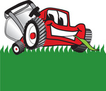 Clip Art Graphic of a Red Lawn Mower Mascot Character Facing Front and Eating a Blade of Grass While Mowing a Lawn
