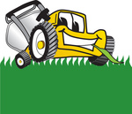 Clip Art Graphic of a Yellow Lawn Mower Mascot Character Facing Front and Eating a Blade of Grass While Mowing a Lawn