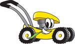 Clip Art Graphic of a Yellow Lawn Mower Mascot Character Glancing While Passing by and Chewing on a Blade of Grass