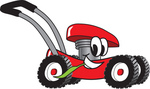 Clip Art Graphic of a Red Lawn Mower Mascot Character Glancing While Passing by and Chewing on a Blade of Grass