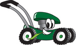 Clip Art Graphic of a Green Lawn Mower Mascot Character Glancing While Passing by and Chewing on a Blade of Grass