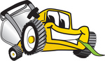 Clip Art Graphic of a Yellow Lawn Mower Mascot Character Smiling While Chewing on a Blade of Grass