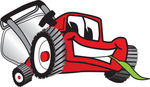 Clip Art Graphic of a Red Lawn Mower Mascot Character Smiling While Chewing on a Blade of Grass