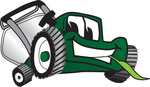 Clip Art Graphic of a Green Lawn Mower Mascot Character Smiling While Chewing on a Blade of Grass