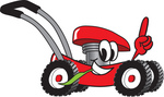 Clip Art Graphic of a Red Lawn Mower Mascot Character Glancing While Passing by, Chewing on Grass and Pointing Upwards
