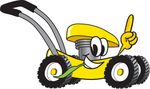 Clip Art Graphic of a Yellow Lawn Mower Mascot Character Glancing While Passing by, Chewing on Grass and Pointing Upwards