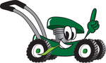 Clip Art Graphic of a Green Lawn Mower Mascot Character Glancing While Passing by, Chewing on Grass and Pointing Upwards