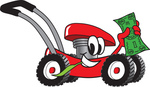 Clip Art Graphic of a Red Lawn Mower Mascot Character Chewing on a Blade of Grass and Holding up a Dollar Bill While Passing by