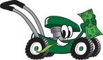 Clip Art Graphic of a Green Lawn Mower Mascot Character Chewing on a Blade of Grass and Holding up a Dollar Bill While Passing by