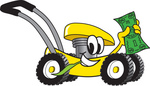 Clip Art Graphic of a Yellow Lawn Mower Mascot Character Chewing on a Blade of Grass and Holding up a Dollar Bill While Passing by