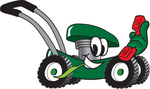 Clip Art Graphic of a Green Lawn Mower Mascot Character Chewing on a Blade of Grass and Holding a Red Phone While Passing by
