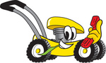 Clip Art Graphic of a Yellow Lawn Mower Mascot Character Chewing on a Blade of Grass and Holding a Red Phone While Passing by