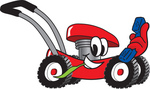 Clip Art Graphic of a Red Lawn Mower Mascot Character Chewing on a Blade of Grass and Holding a Blue Phone While Passing by
