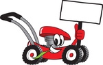 Clip Art Graphic of a Red Lawn Mower Mascot Character Holding a Blank Sign and Chewing on a Blade of Grass While Passing by