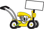 Clip Art Graphic of a Yellow Lawn Mower Mascot Character Holding a Blank Sign and Chewing on a Blade of Grass While Passing by