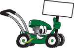 Clip Art Graphic of a Green Lawn Mower Mascot Character Holding a Blank Sign and Chewing on a Blade of Grass While Passing by