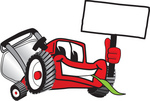 Clip Art Graphic of a Red Lawn Mower Mascot Character Facing Front, Chewing on a Blade of Grass and Holding a Blank White Sign