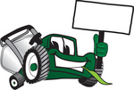 Clip Art Graphic of a Green Lawn Mower Mascot Character Facing Front, Chewing on a Blade of Grass and Holding a Blank White Sign