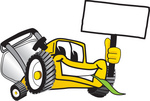 Clip Art Graphic of a Yellow Lawn Mower Mascot Character Facing Front, Chewing on a Blade of Grass and Holding a Blank White Sign
