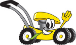 Clip Art Graphic of a Yellow Lawn Mower Mascot Character Waving and Chewing on a Blade of Grass While Passing by