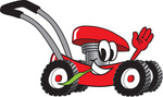 Clip Art Graphic of a Red Lawn Mower Mascot Character Waving and Chewing on a Blade of Grass While Passing by