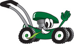 Clip Art Graphic of a Green Lawn Mower Mascot Character Waving and Chewing on a Blade of Grass While Passing by