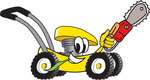 Clip Art Graphic of a Yellow Lawn Mower Mascot Character Chewing on a Blade of Grass and Holding a Saw While Passing by