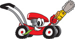Clip Art Graphic of a Red Lawn Mower Mascot Character Chewing on a Blade of Grass and Holding a Saw While Passing by
