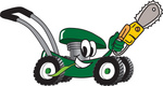 Clip Art Graphic of a Green Lawn Mower Mascot Character Chewing on a Blade of Grass and Holding a Saw While Passing by