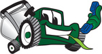Clip Art Graphic of a Green Lawn Mower Mascot Character Facing Front, Chewing on Grass and Holding a Blue Phone