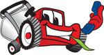 Clip Art Graphic of a Red Lawn Mower Mascot Character Facing Front, Chewing on Grass and Holding a Blue Phone