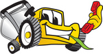 Clip Art Graphic of a Yellow Lawn Mower Mascot Character Facing Front, Chewing on Grass and Holding a Red Phone
