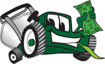 Clip Art Graphic of a Green Lawn Mower Mascot Character Facing Front, Smiling and Chewing on Grass While Holding a Dollar Bill