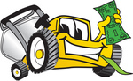 Clip Art Graphic of a Yellow Lawn Mower Mascot Character Facing Front, Smiling and Chewing on Grass While Holding a Dollar Bill