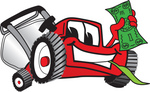 Clip Art Graphic of a Red Lawn Mower Mascot Character Facing Front, Smiling and Chewing on Grass While Holding a Dollar Bill