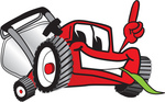 Clip Art Graphic of a Red Lawn Mower Mascot Character Facing Front, Smiling and Eating Grass While Pointing Upwards