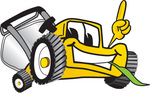 Clip Art Graphic of a Yellow Lawn Mower Mascot Character Facing Front, Smiling and Eating Grass While Pointing Upwards
