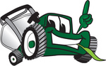 Clip Art Graphic of a Green Lawn Mower Mascot Character Facing Front, Smiling and Eating Grass While Pointing Upwards