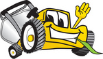 Clip Art Graphic of a Yellow Lawn Mower Mascot Character Waving and Chewing on Grass