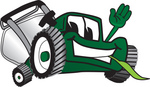 Clip Art Graphic of a Green Lawn Mower Mascot Character Waving and Chewing on Grass