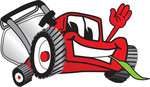 Clip Art Graphic of a Red Lawn Mower Mascot Character Waving and Chewing on Grass