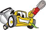 Clip Art Graphic of a Yellow Lawn Mower Mascot Character Holding a Red Saw